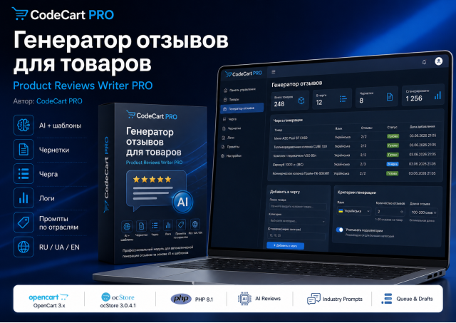 Product Reviews Writer PRO - AI генератор відгуків для товарів OpenCart та ocStore