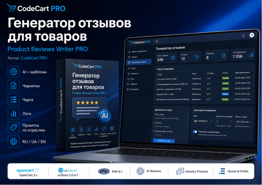 Product Reviews Writer PRO - AI генератор відгуків для товарів OpenCart та ocStore